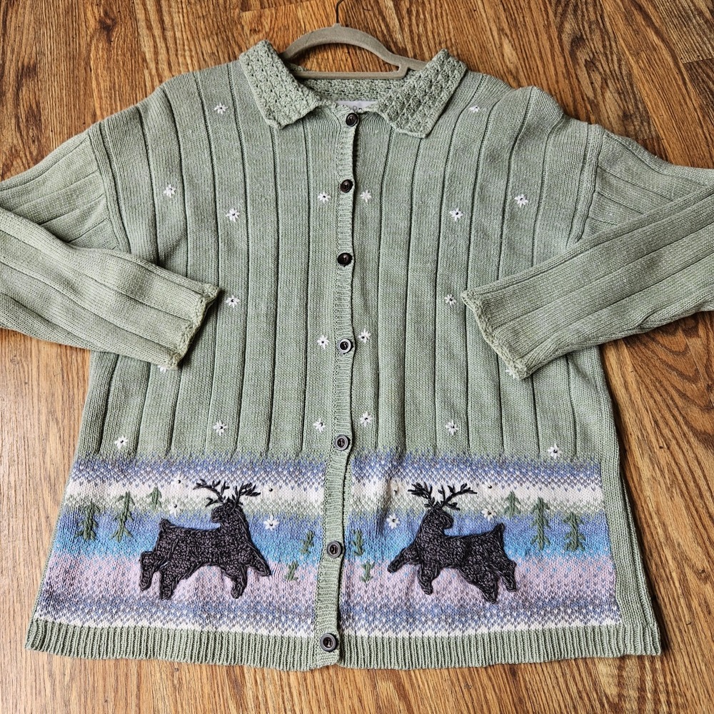 VTG Croft & Barrow Button Cardigan Sweater Women L Deer Woodland Cozy Knit